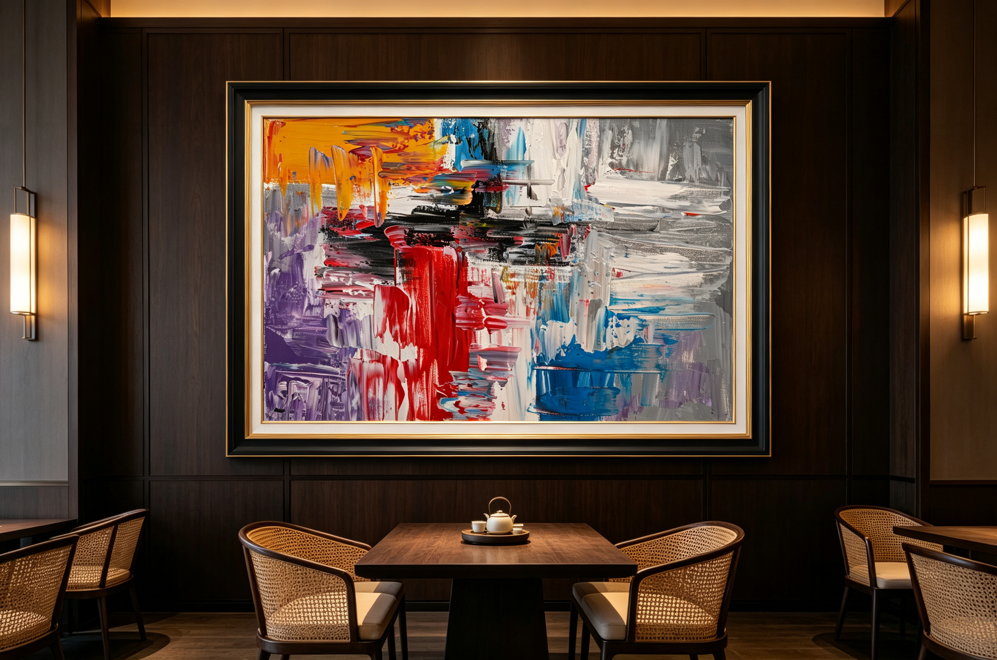 Abstract oil painting with red, orange, purple color blocks layered over grey and white textured strokes