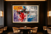 Abstract oil painting with red, orange, purple color blocks layered over grey and white textured strokes
