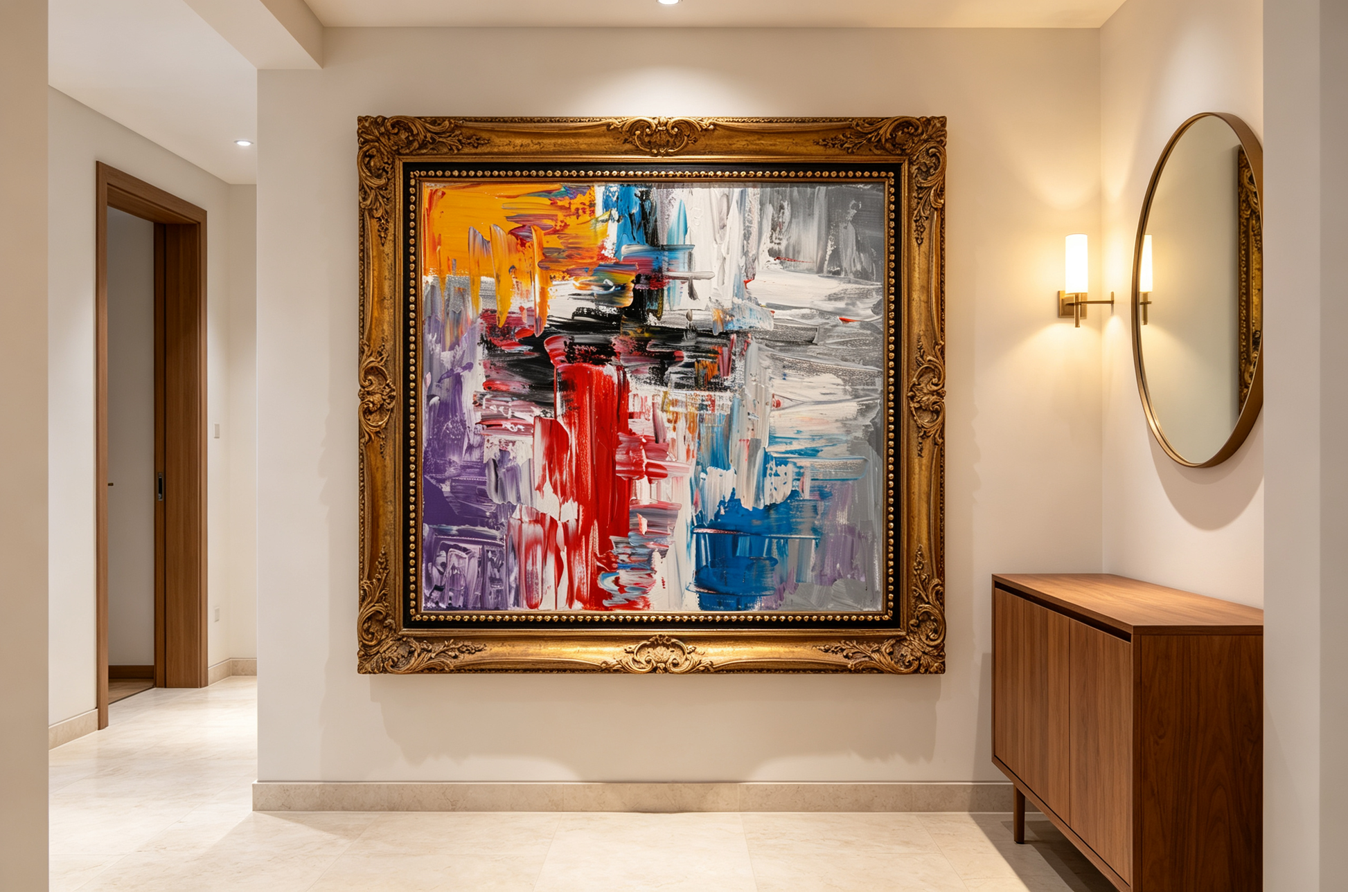 Abstract oil painting with red, orange, purple color blocks layered over grey and white textured strokes