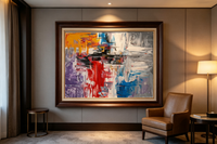 Abstract oil painting with red, orange, purple color blocks layered over grey and white textured strokes