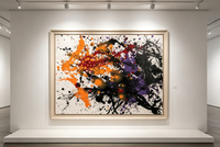 Abstract oil painting with explosive orange, red, purple splashes and bold black areas on white canvas