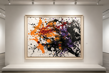 Abstract oil painting with explosive orange, red, purple splashes and bold black areas on white canvas