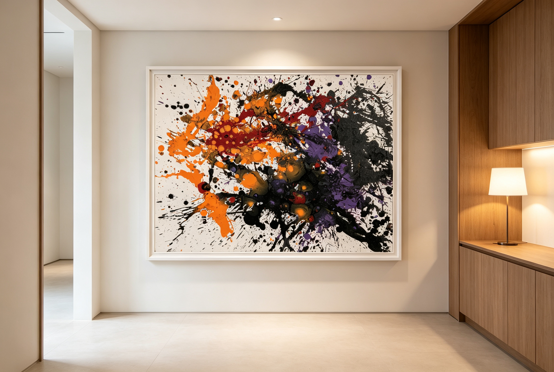 Abstract oil painting with explosive orange, red, purple splashes and bold black areas on white canvas