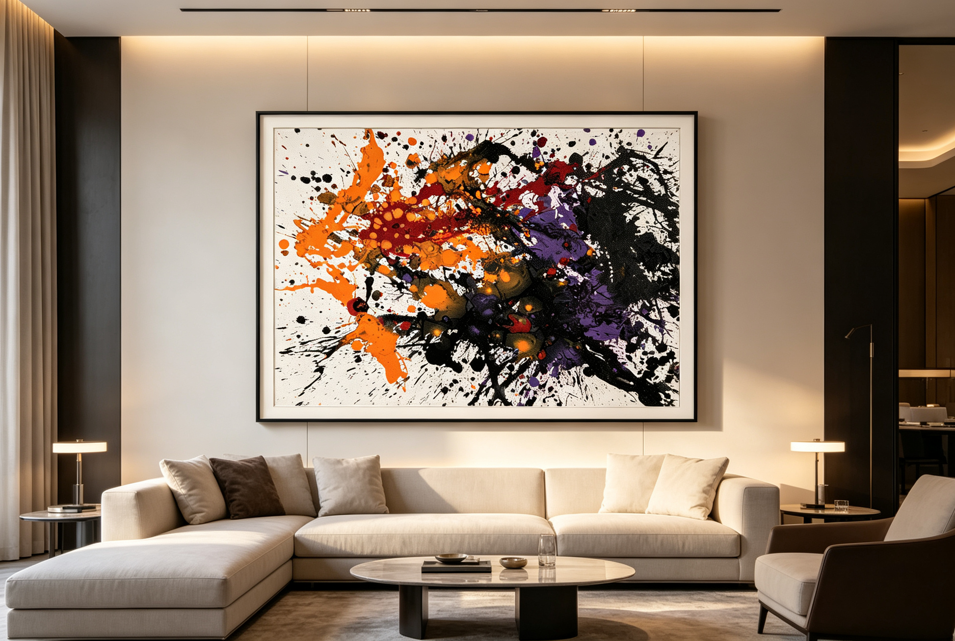 Abstract oil painting with explosive orange, red, purple splashes and bold black areas on white canvas