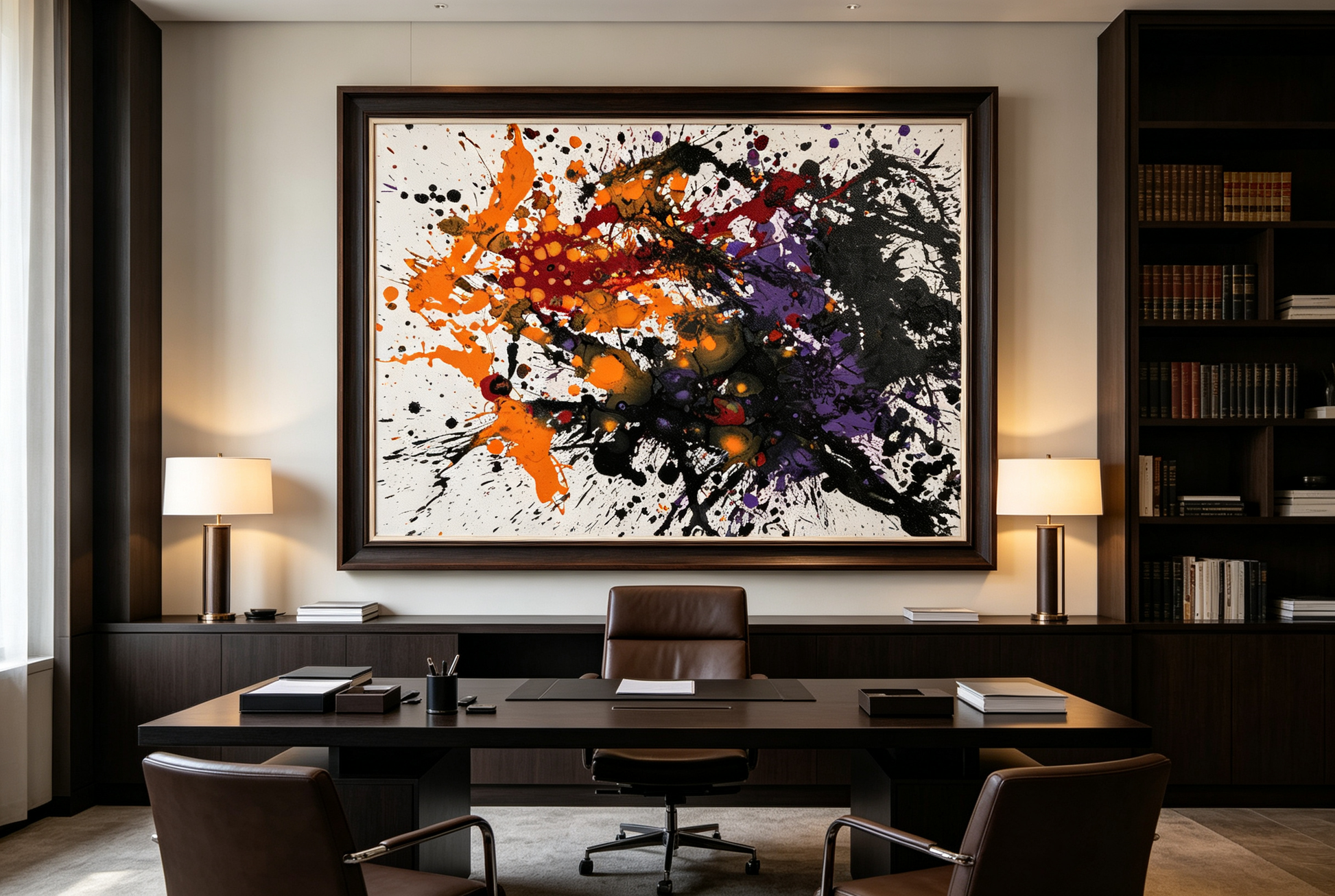 Abstract oil painting with explosive orange, red, purple splashes and bold black areas on white canvas