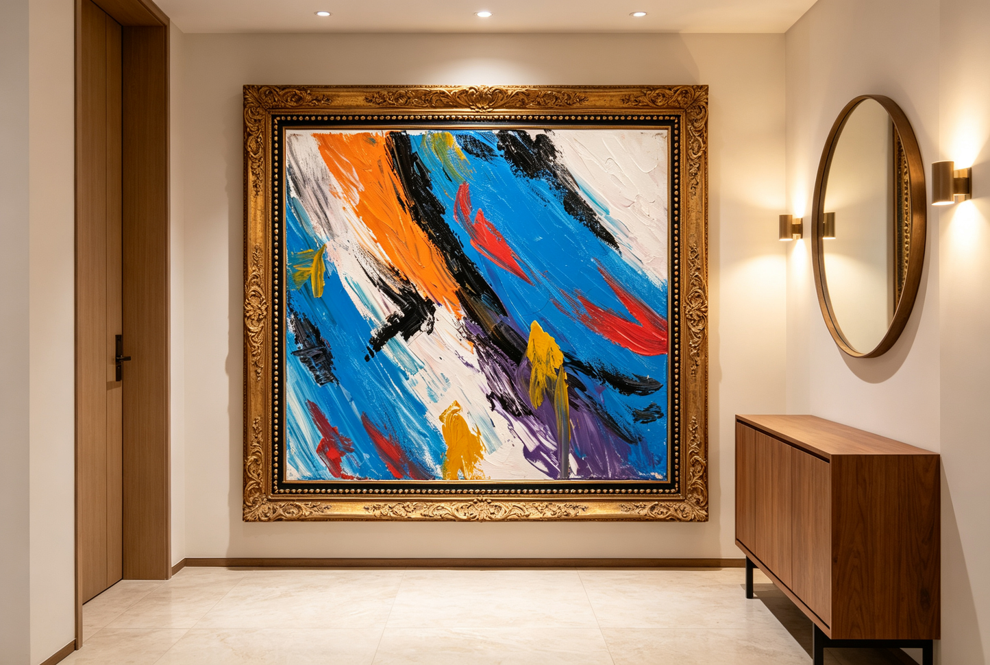 Abstract oil painting with diagonal blue, orange and black brushstrokes accented by red and yellow