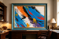 Abstract oil painting with diagonal blue, orange and black brushstrokes accented by red and yellow