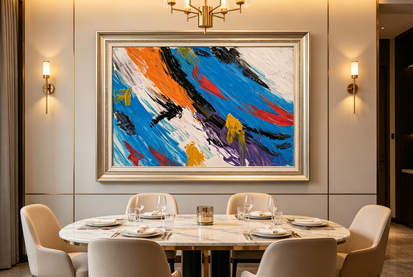 Abstract oil painting with diagonal blue, orange and black brushstrokes accented by red and yellow