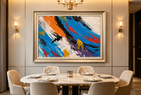Abstract oil painting with diagonal blue, orange and black brushstrokes accented by red and yellow
