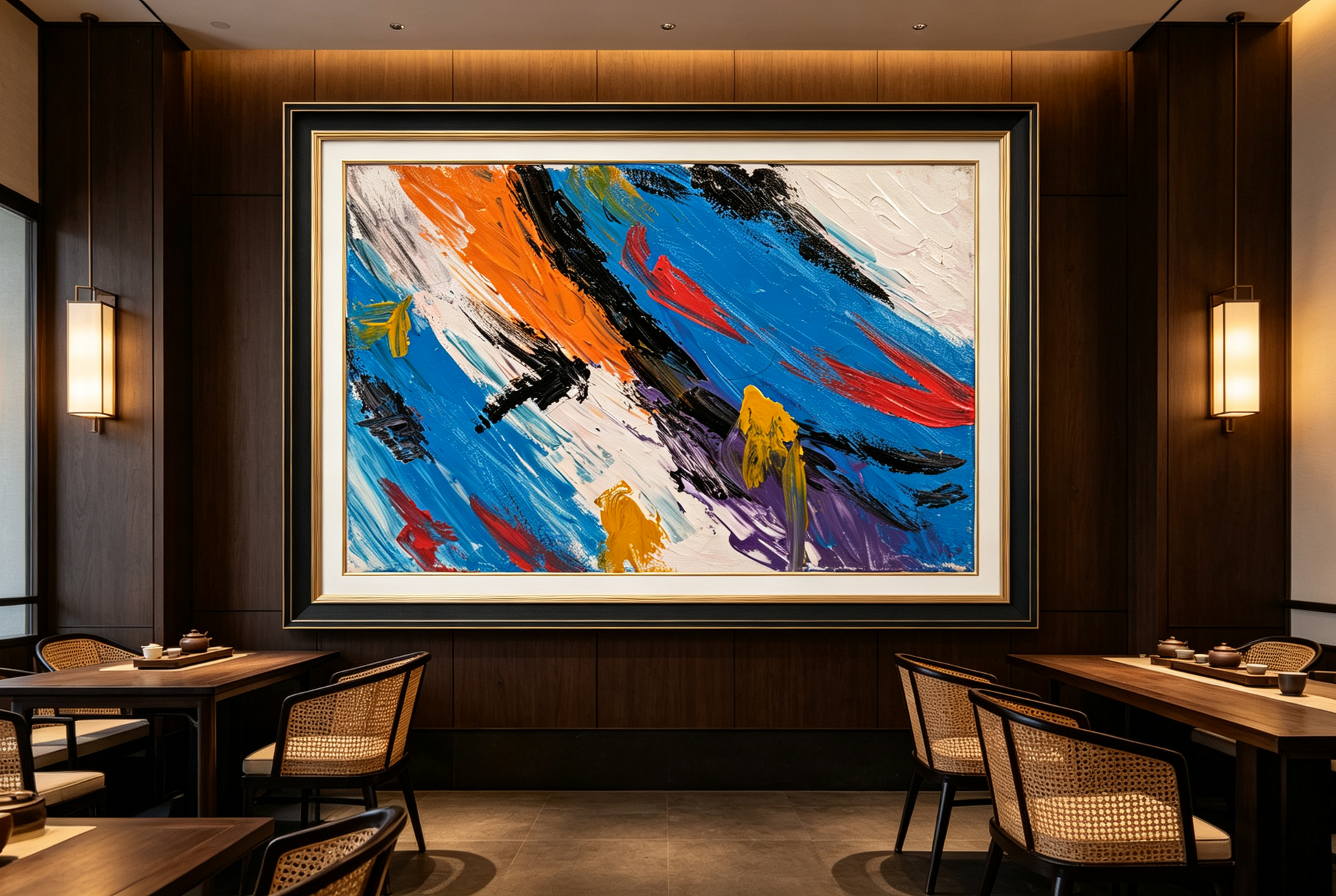 Abstract oil painting with diagonal blue, orange and black brushstrokes accented by red and yellow