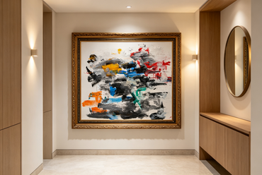 Abstract oil painting with black, gray, red, orange, blue, and teal brushstrokes on a white ground
