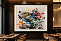 Abstract oil painting with black, gray, red, orange, blue, and teal brushstrokes on a white ground