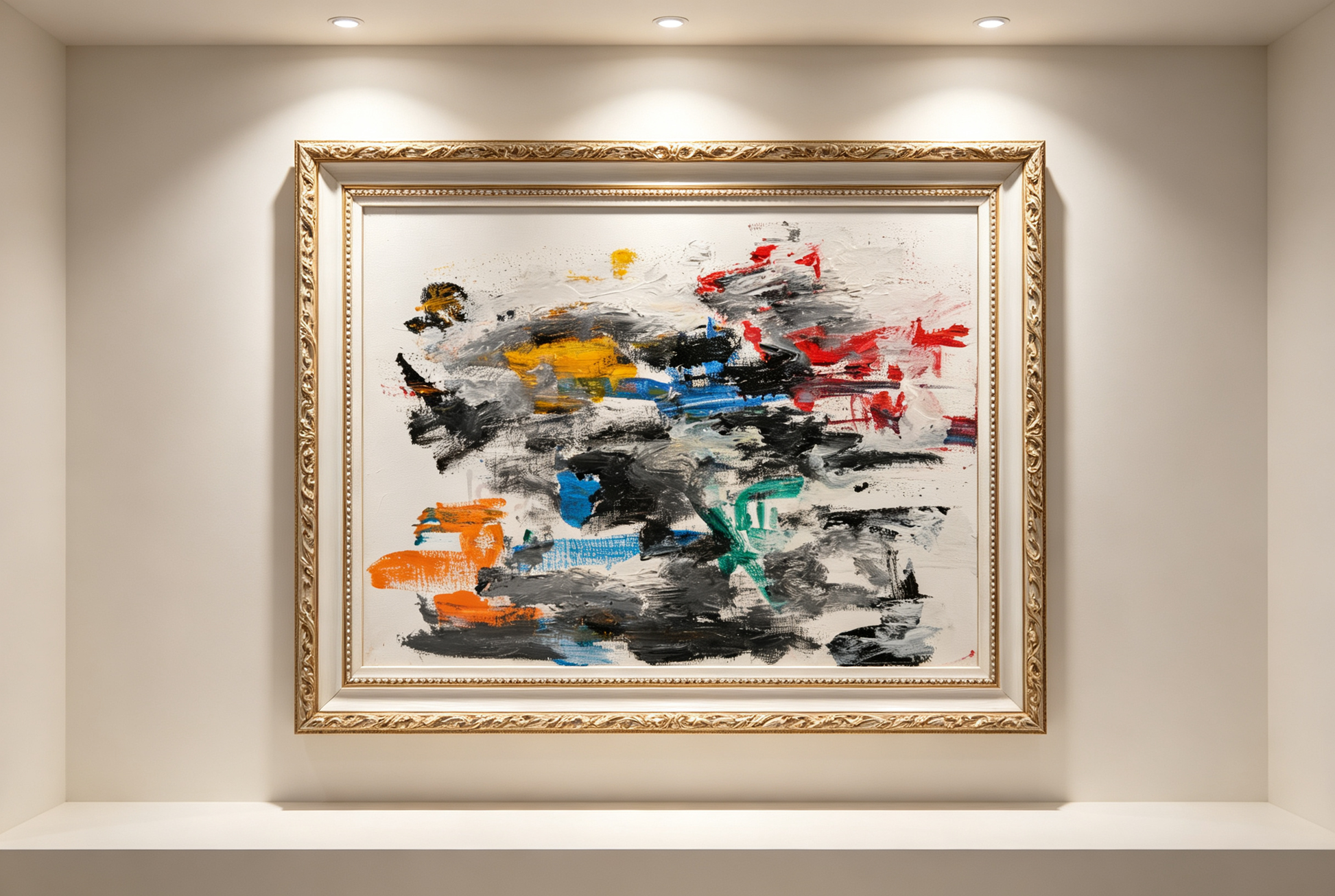 Abstract oil painting with black, gray, red, orange, blue, and teal brushstrokes on a white ground