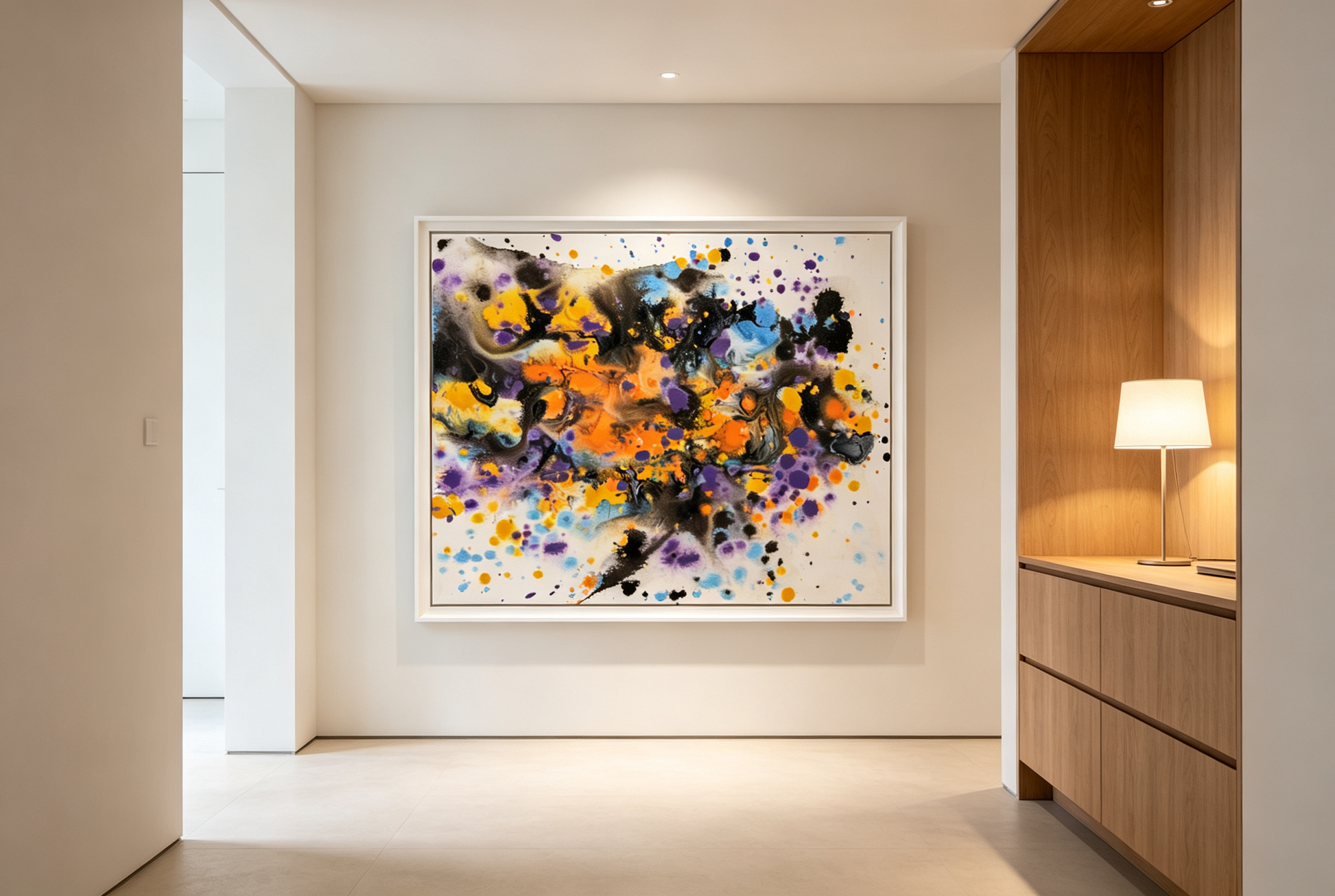 Abstract oil painting with orange and purple splashes and black and blue washes on white