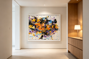 Abstract oil painting with orange and purple splashes and black and blue washes on white