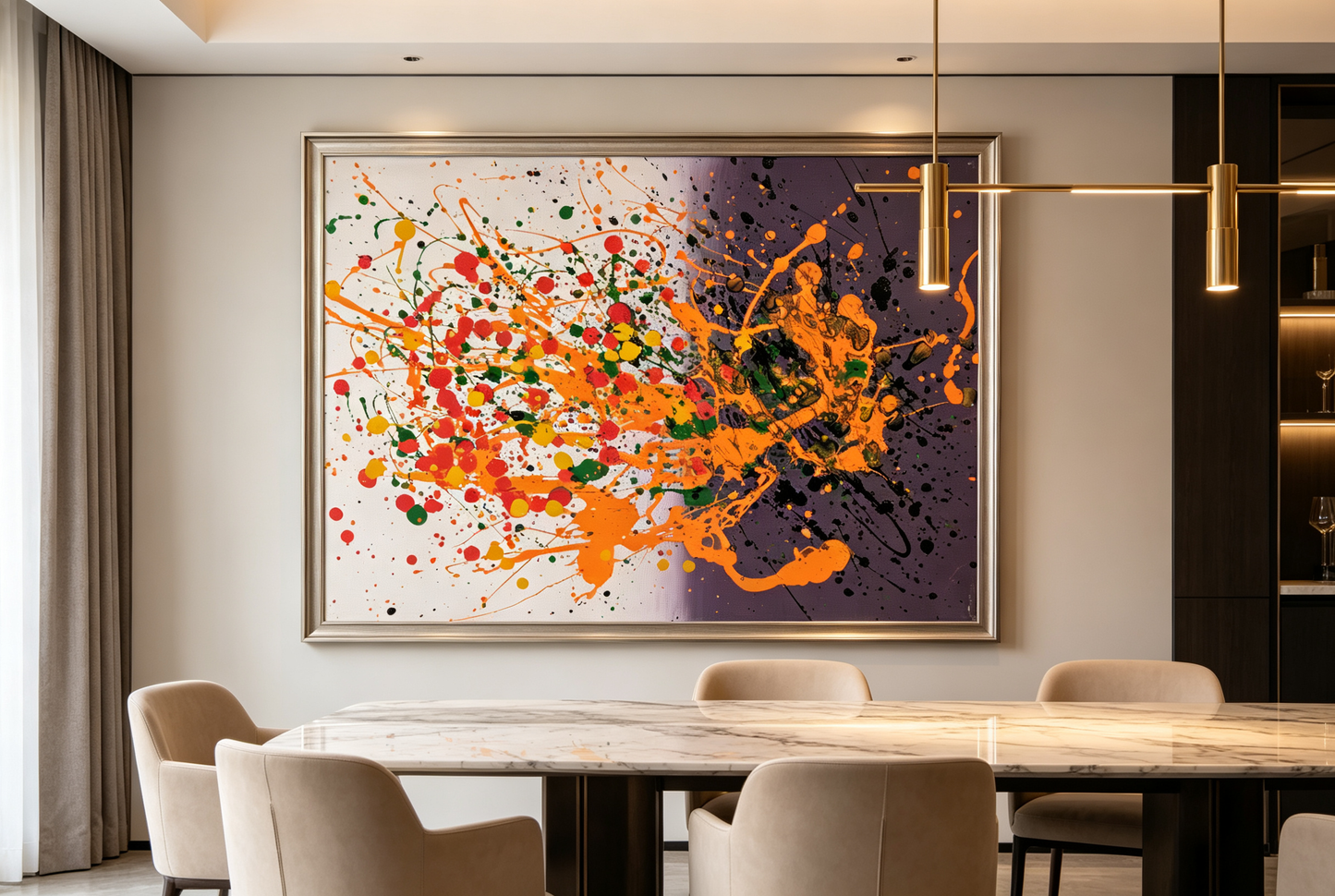 Abstract oil painting with orange splashes across a split cream and deep purple ground