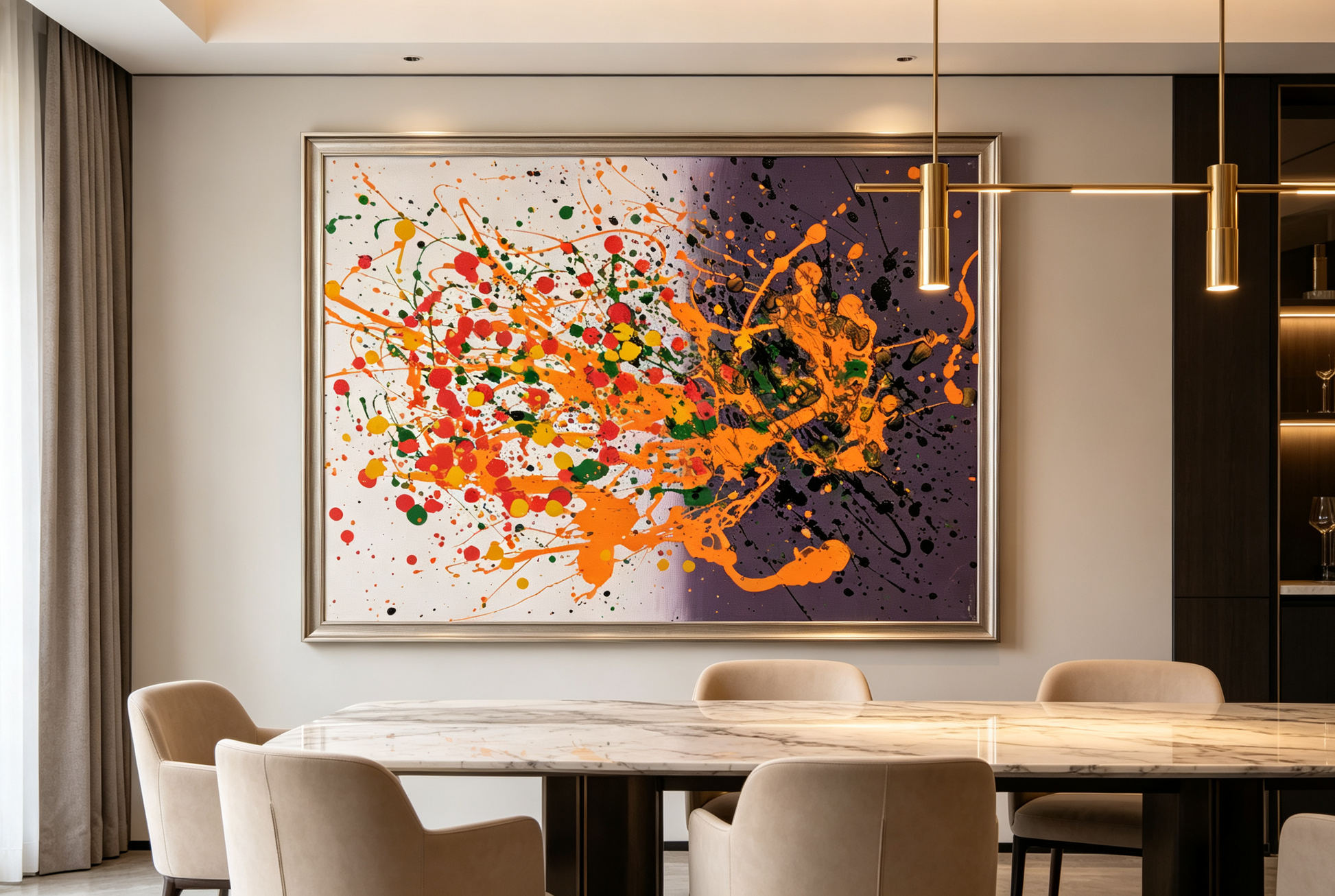 Abstract oil painting with orange splashes across a split cream and deep purple ground