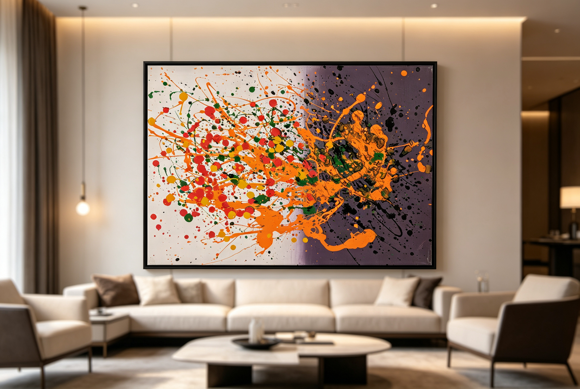 Abstract oil painting with orange splashes across a split cream and deep purple ground