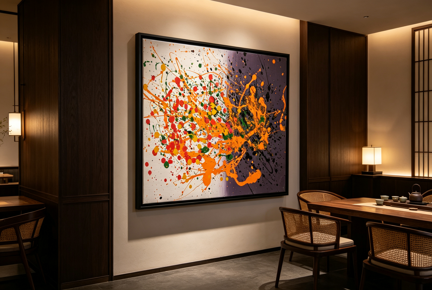 Abstract oil painting with orange splashes across a split cream and deep purple ground