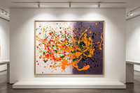 Abstract oil painting with orange splashes across a split cream and deep purple ground