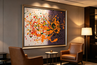 Abstract oil painting with orange splashes across a split cream and deep purple ground