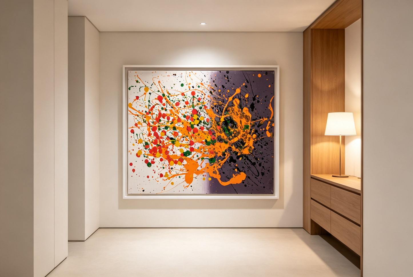 Abstract oil painting with orange splashes across a split cream and deep purple ground