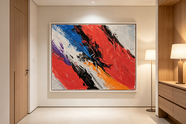 Abstract oil painting with diagonal blue, white and black strokes over a red field