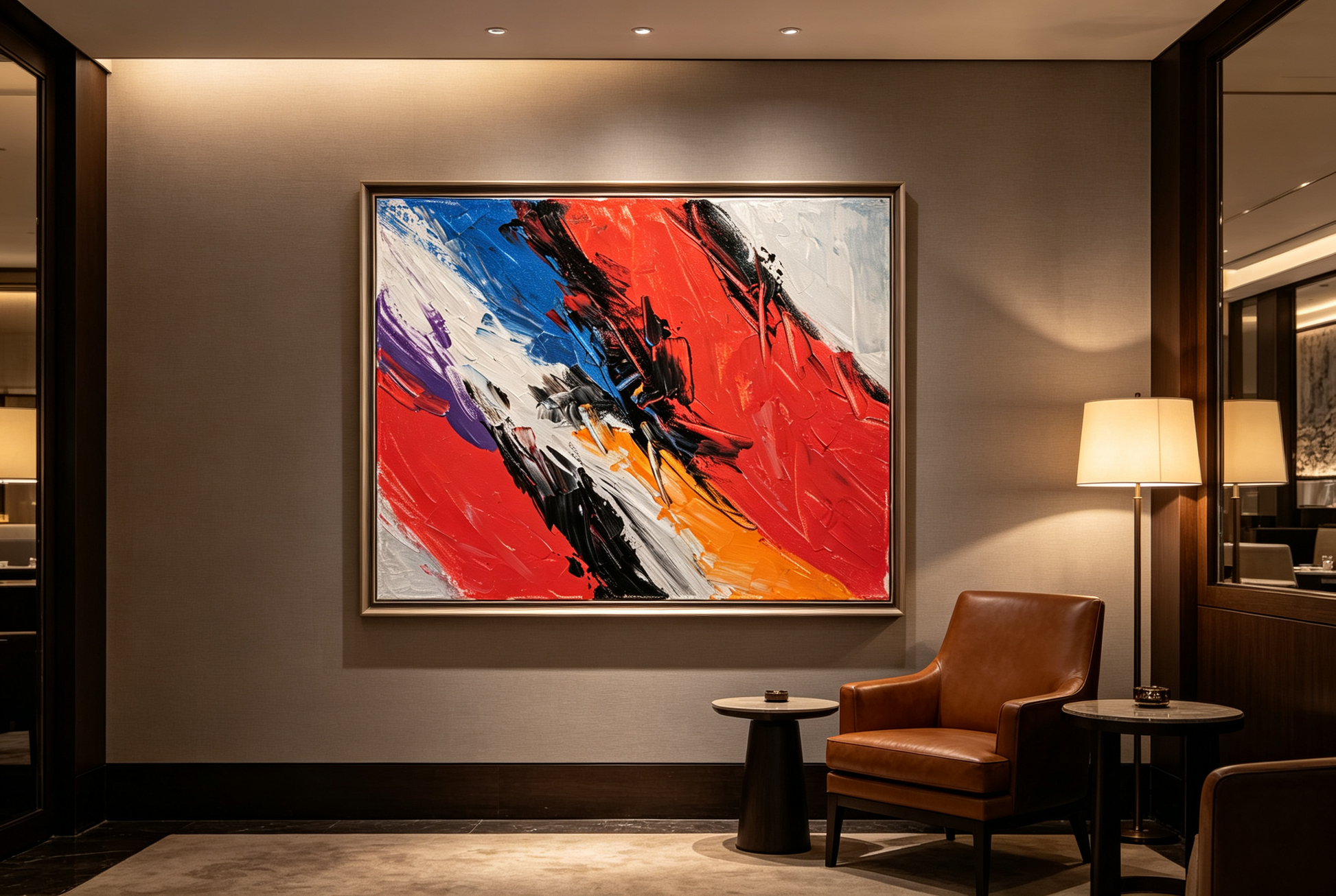 Abstract oil painting with diagonal blue, white and black strokes over a red field