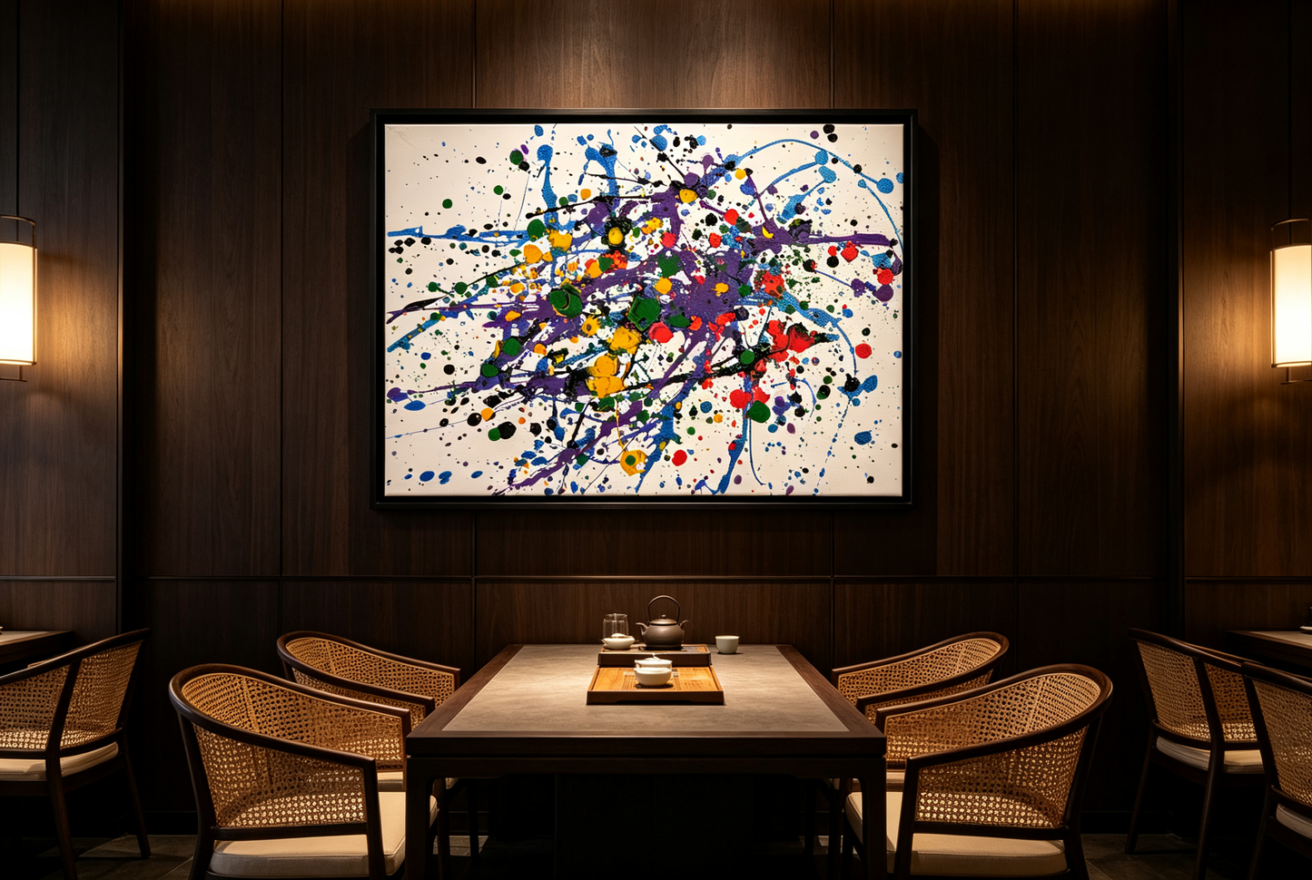 Colorful drip and splatter abstract oil painting on a white ground