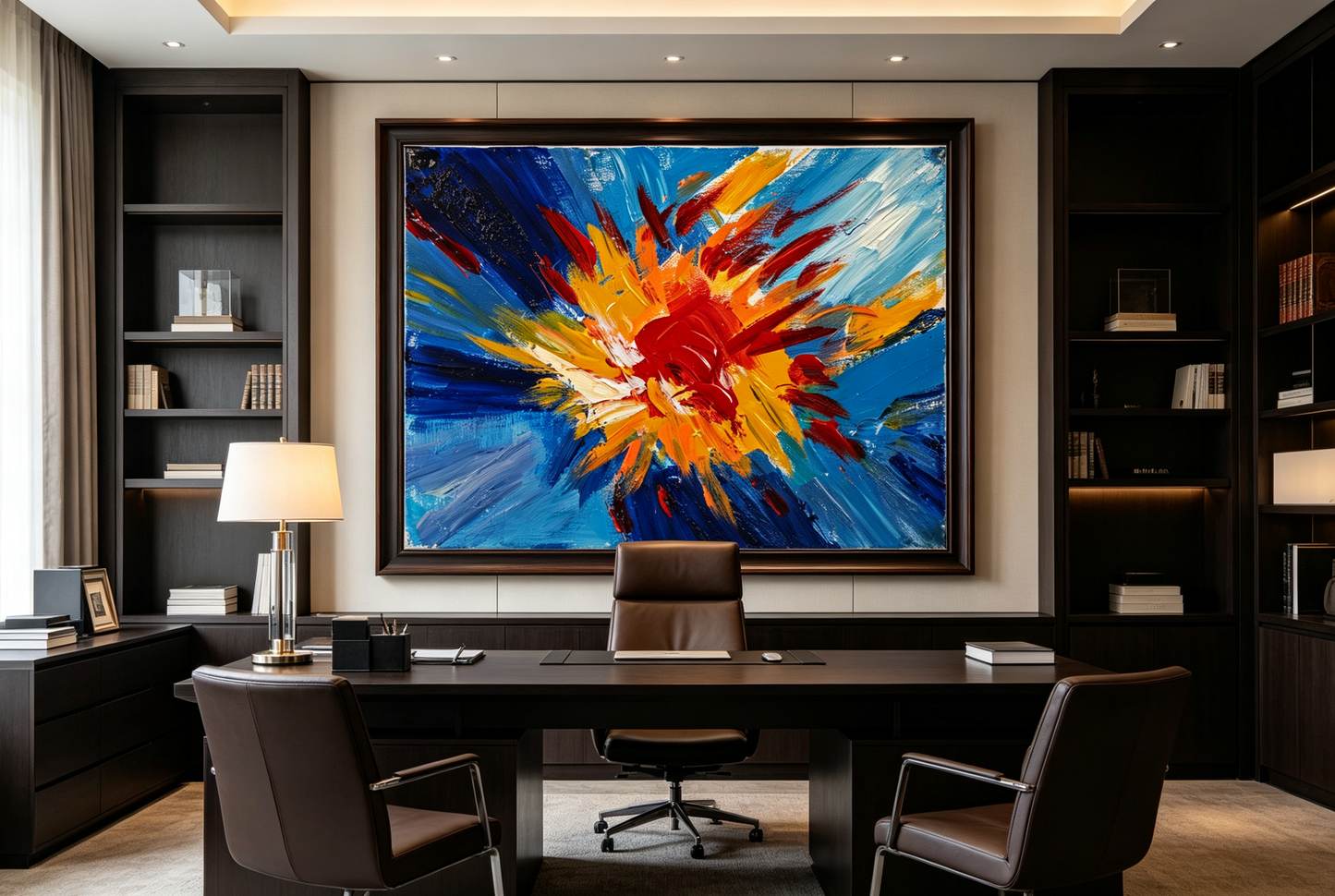 Oil painting of a red, orange and yellow flower-like burst radiating over a blue ground