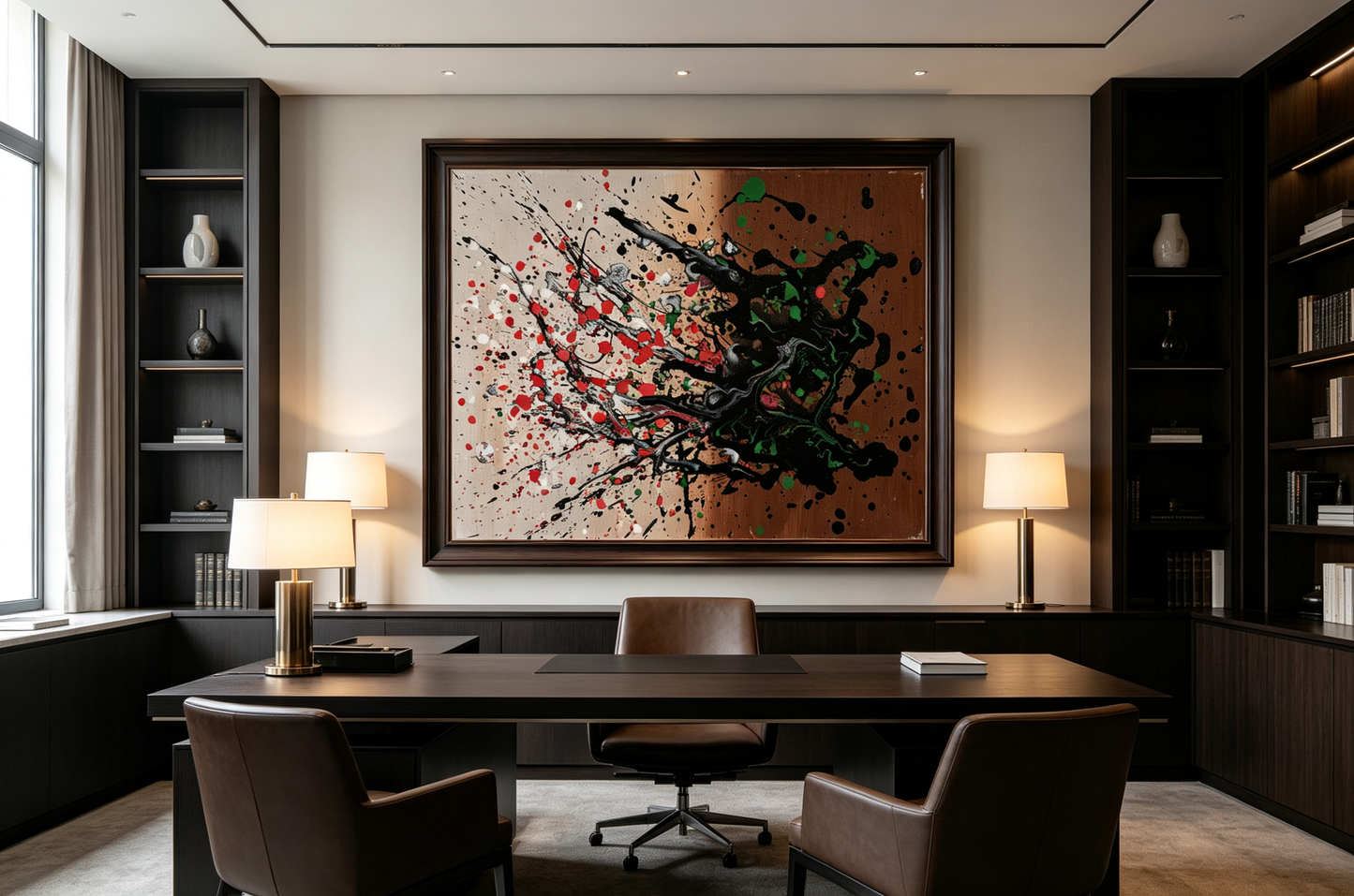 Abstract oil painting with black pours over a split cream and brown ground with red and green accents