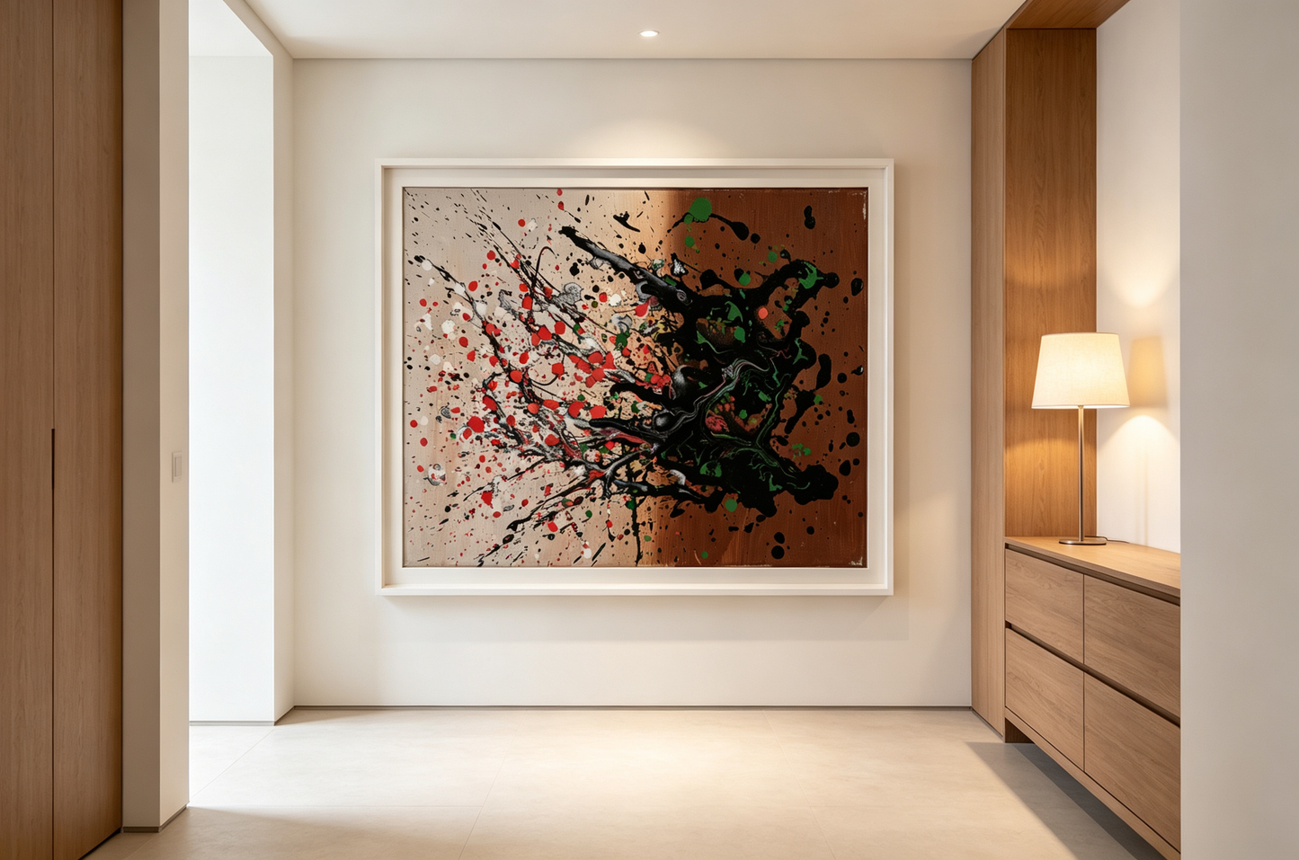 Abstract oil painting with black pours over a split cream and brown ground with red and green accents