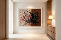 Abstract oil painting with black pours over a split cream and brown ground with red and green accents