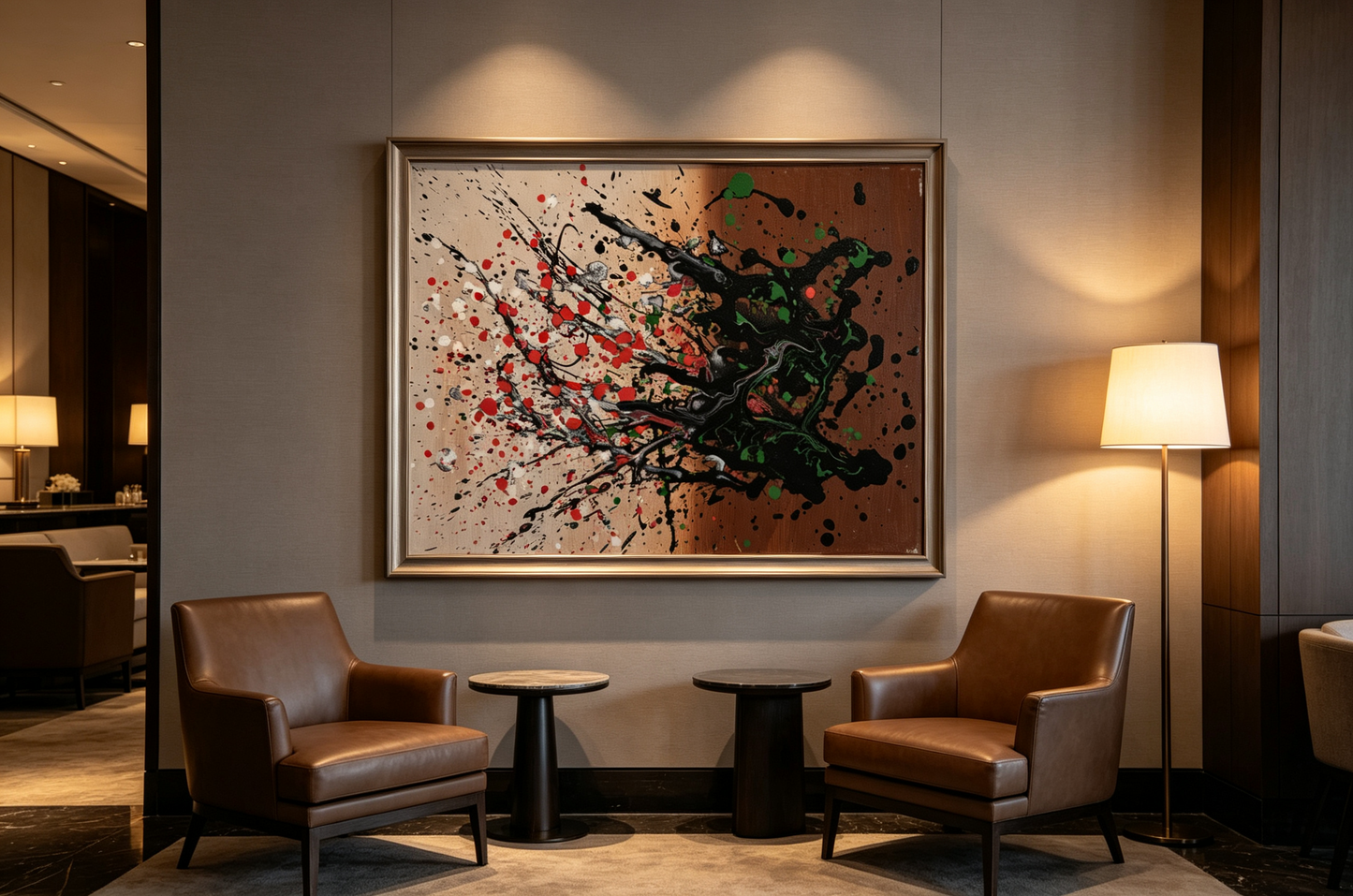 Abstract oil painting with black pours over a split cream and brown ground with red and green accents