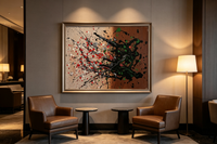 Abstract oil painting with black pours over a split cream and brown ground with red and green accents