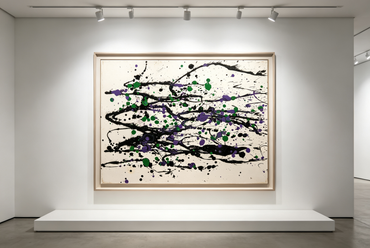 Abstract oil painting with black sweeping lines and green and purple dots on a pale background