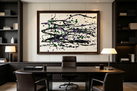 Abstract oil painting with black sweeping lines and green and purple dots on a pale background