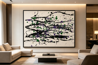Abstract oil painting with black sweeping lines and green and purple dots on a pale background
