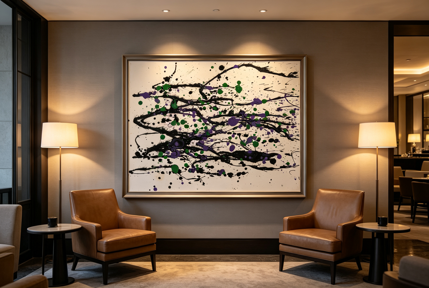 Abstract oil painting with black sweeping lines and green and purple dots on a pale background