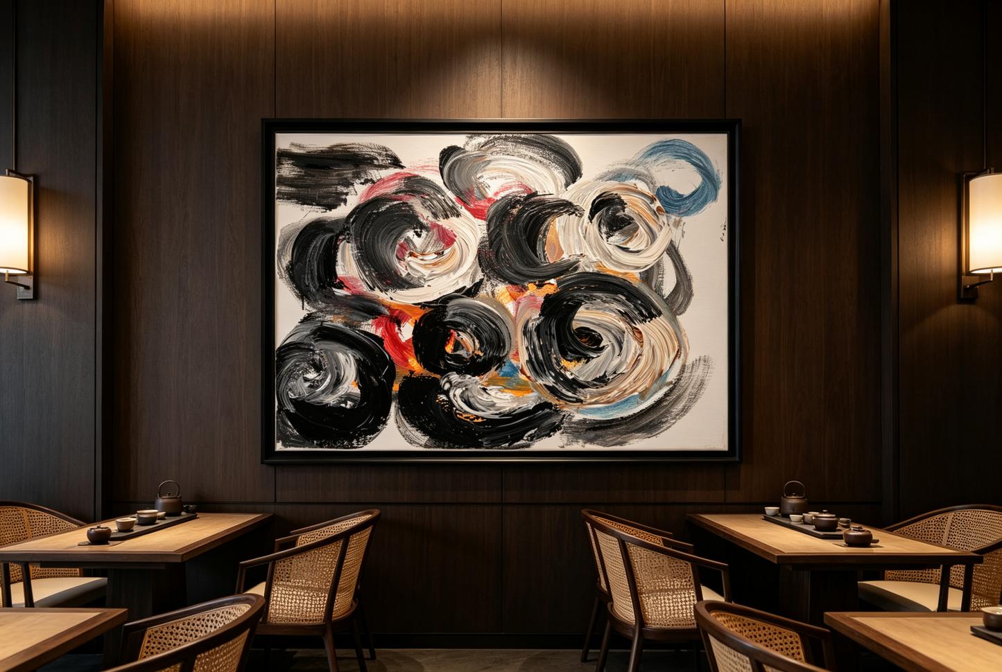 Abstract oil painting with swirling black and white circular strokes and warm orange accents