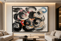 Abstract oil painting with swirling black and white circular strokes and warm orange accents