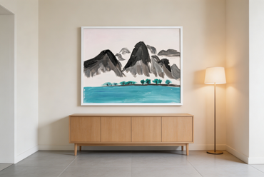Landscape oil painting of gray mountains behind a turquoise lake with small green trees