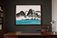 Landscape oil painting of gray mountains behind a turquoise lake with small green trees
