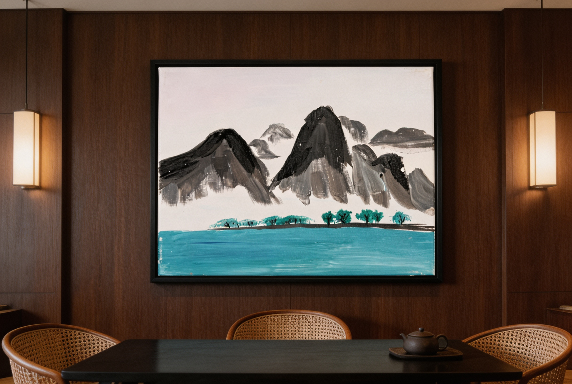 Landscape oil painting of gray mountains behind a turquoise lake with small green trees