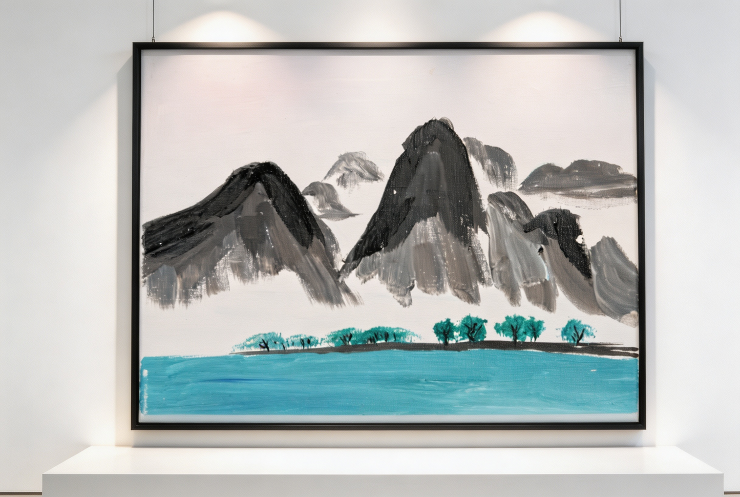 Landscape oil painting of gray mountains behind a turquoise lake with small green trees