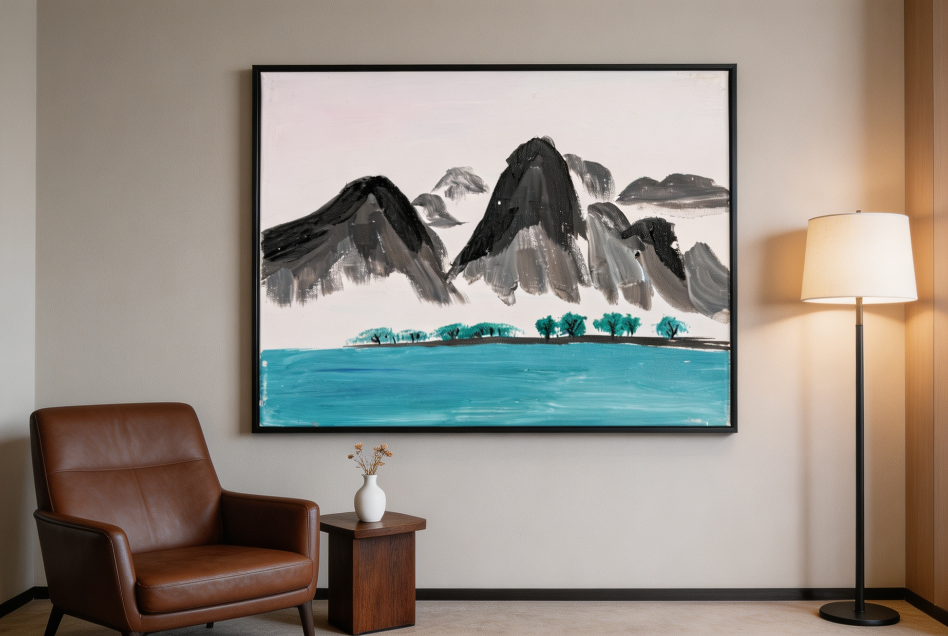 Landscape oil painting of gray mountains behind a turquoise lake with small green trees