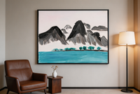 Landscape oil painting of gray mountains behind a turquoise lake with small green trees