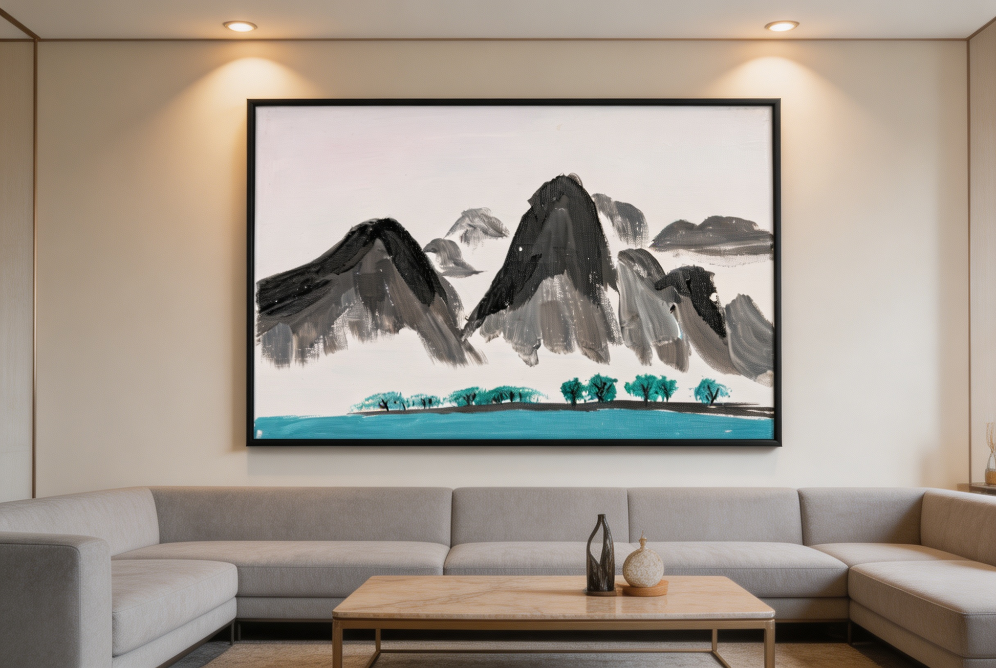 Landscape oil painting of gray mountains behind a turquoise lake with small green trees