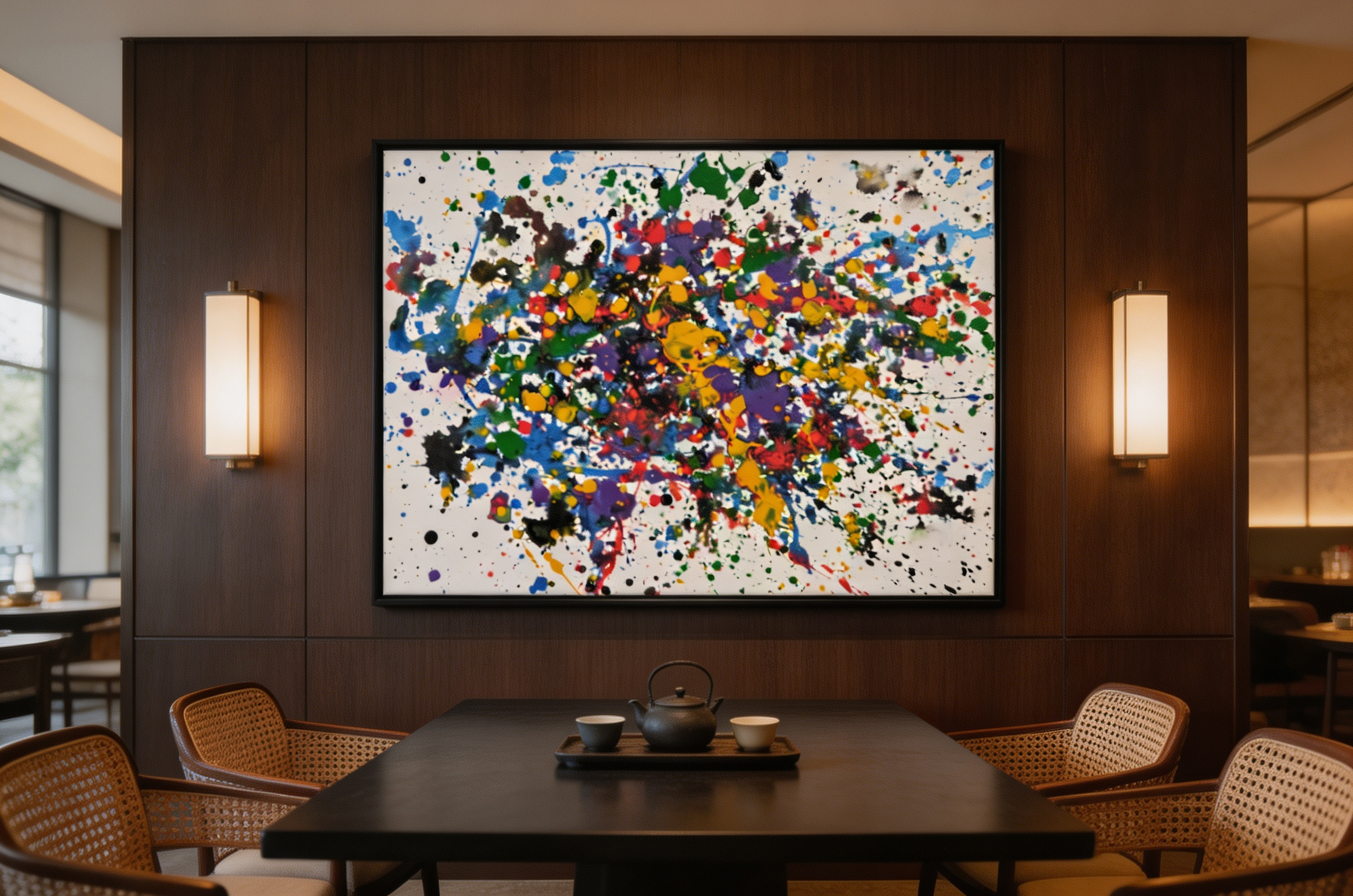 Abstract oil painting with dense multicolor splashes on a white ground