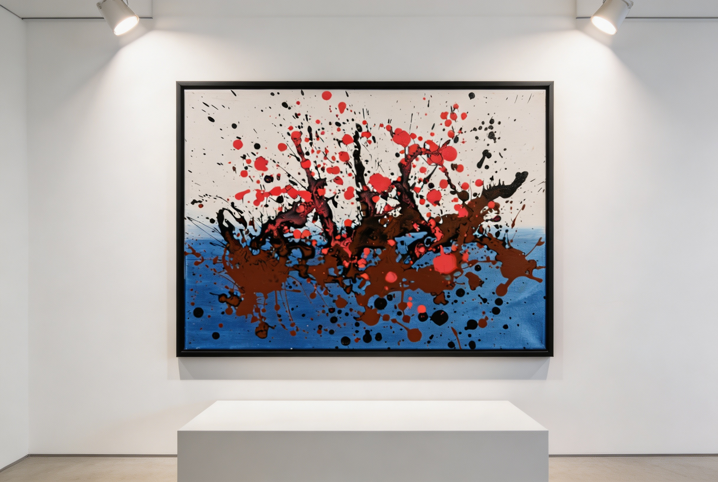 Abstract oil painting with red and black splash over a blue band